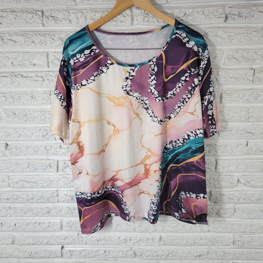 Women's 3XL Plus Size Top Tee Purple Gold Watercolor Boat Neck Stretch WAT48E